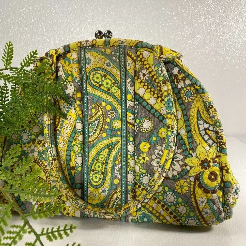 Vera‎ Bradley Limelight Paisley Quilted Kiss Lock Frame Handbag Green Yellow